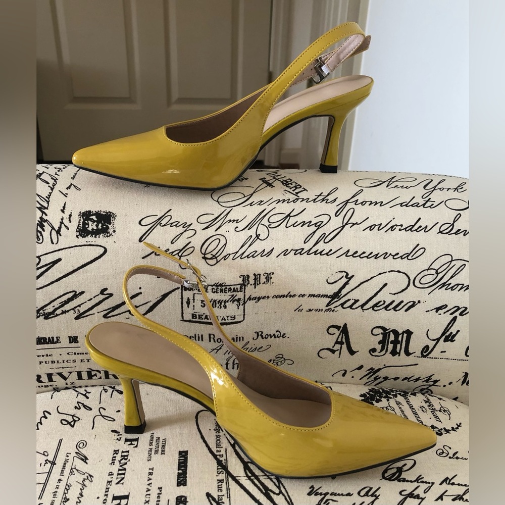 Heels; Slingback; Vegan Leather; Pointed Toe; Fashion Buckle Strap; Mustard; 3”